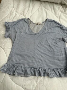 LOFT blue Stripe V-Neck Ruffle Hem Top